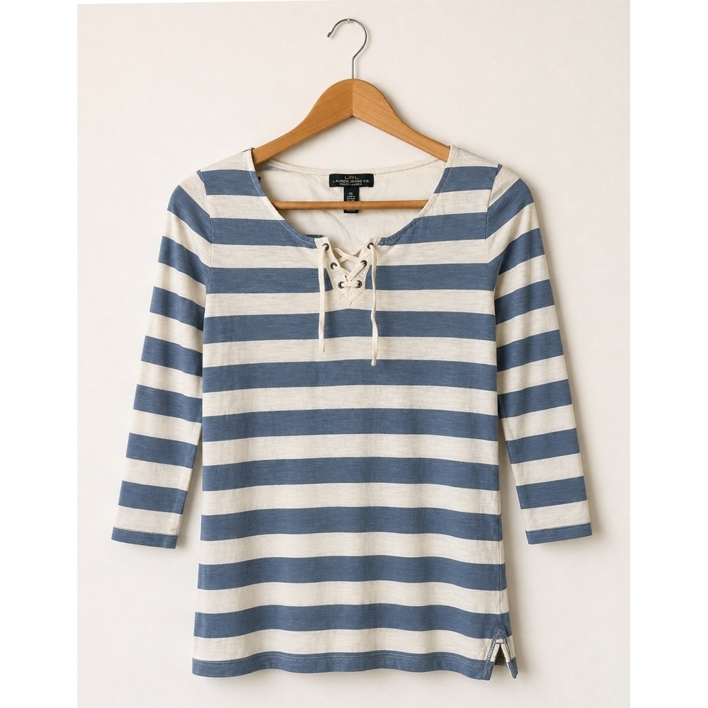Lauren Ralph Lauren Top Women XS Blue White Lace Up Striped Knit Preppy Coastal